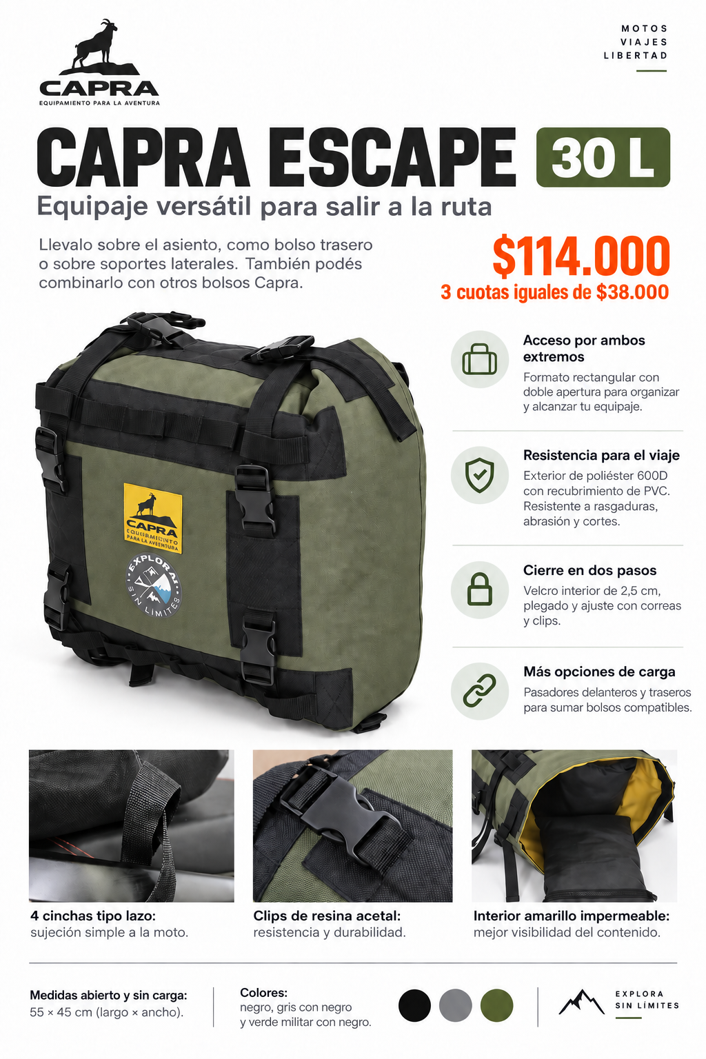 Capra Escape 30 L: $114.000, 3 cuotas iguales de $38.000