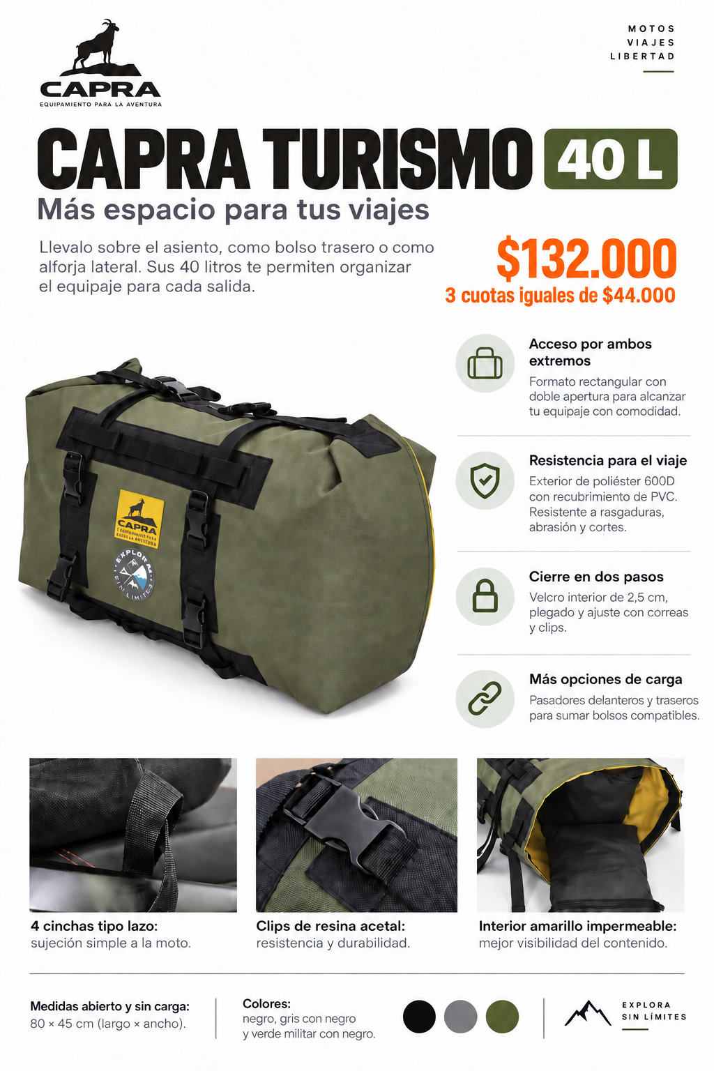 Capra Turismo 40 L: $132.000, 3 cuotas iguales de $44.000