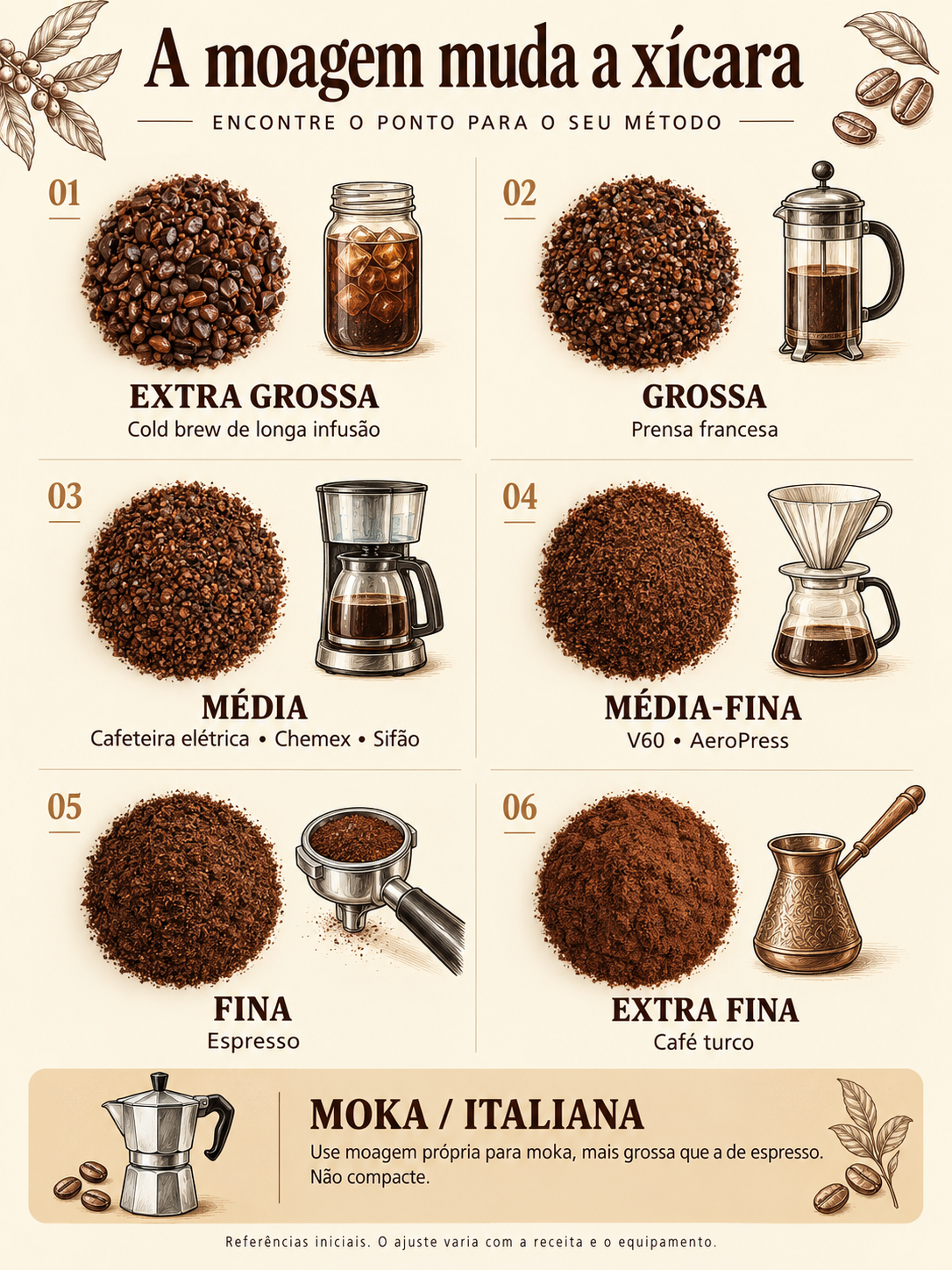 Guia ilustrado de moagem para diferentes métodos de preparo do café.