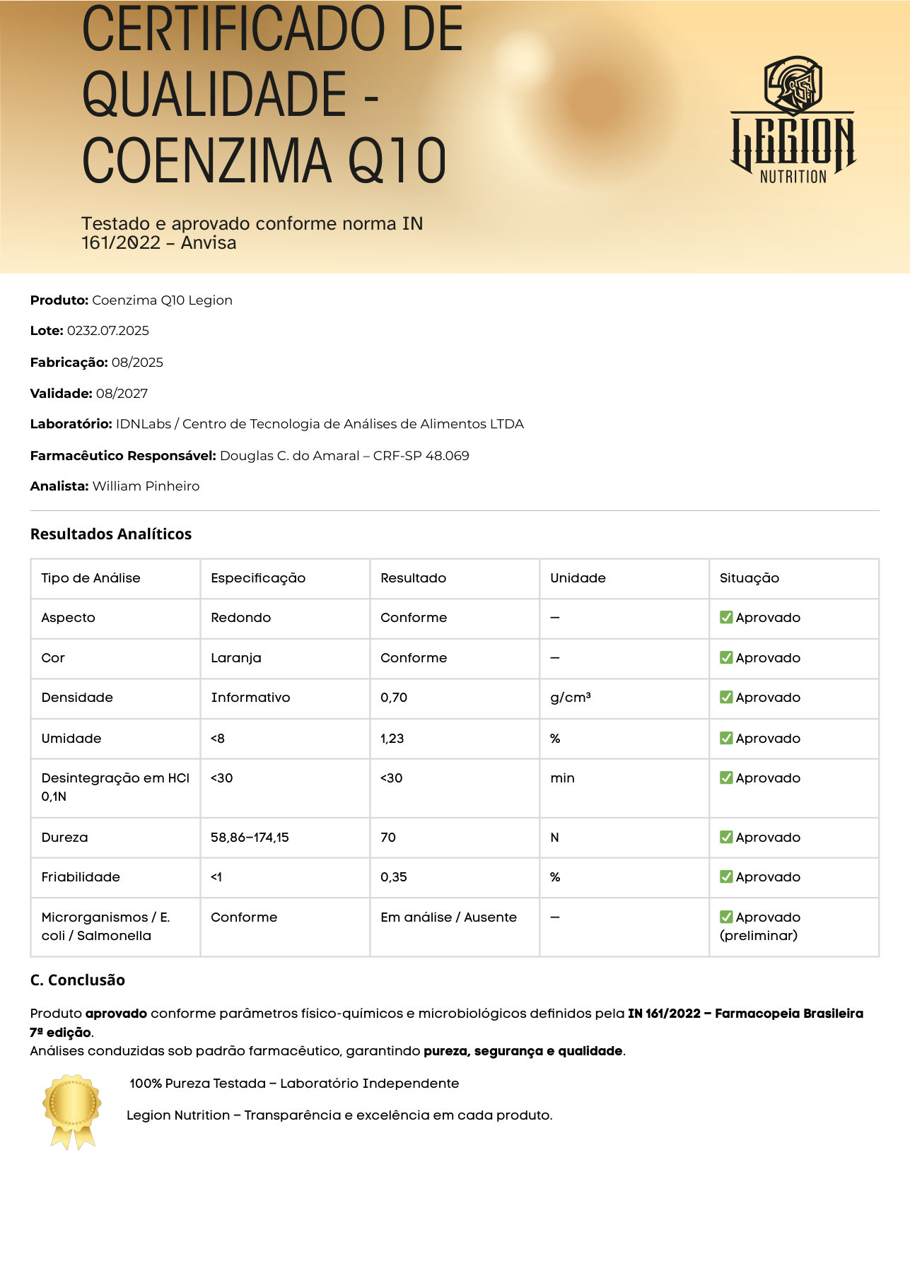 Laudo técnico – Coenzima Q10 + Óleo de Girassol
