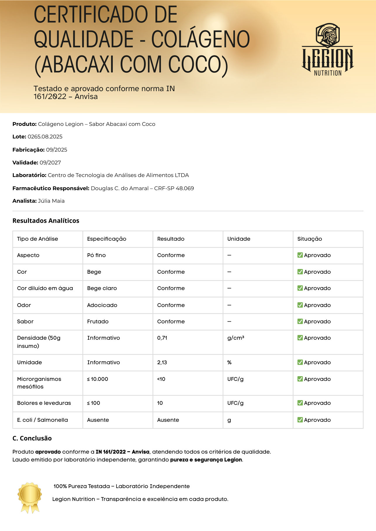 Laudo técnico – Colágeno Hidrolisado Bovino + Vitamina C (Abacaxi com coco)