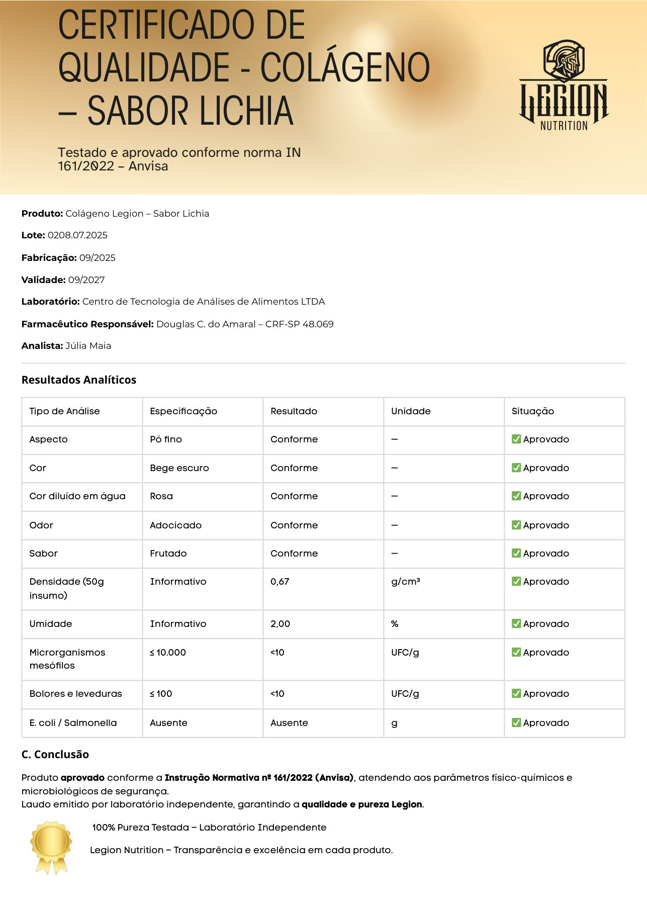 Laudo técnico – Colágeno Hidrolisado Bovino + Vitamina C (Lichia)