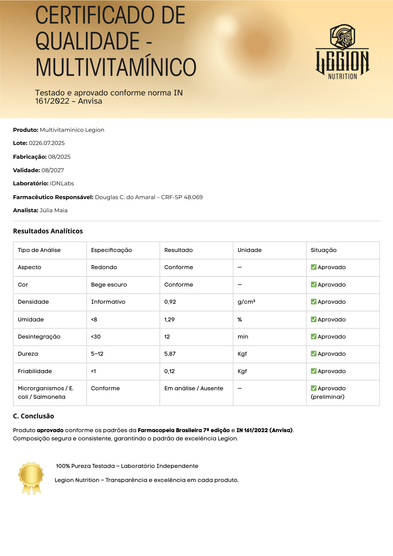 Laudo técnico – Multivitamínico | Cápsula vegetal (HPMC)
