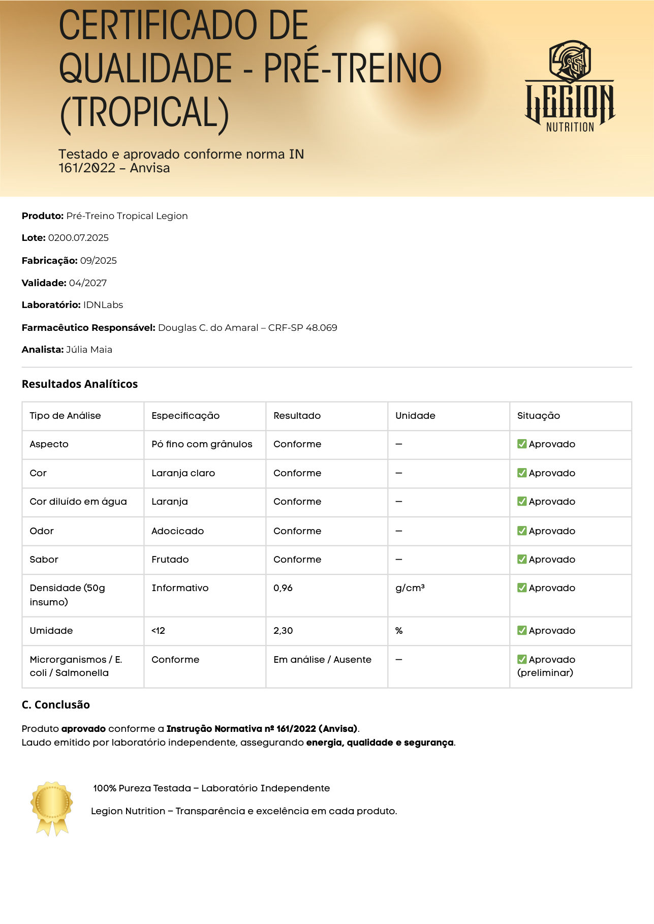 Laudo técnico – Pré Treino | Beta-Alanina | Arginina | Taurina | Cafeína Natural