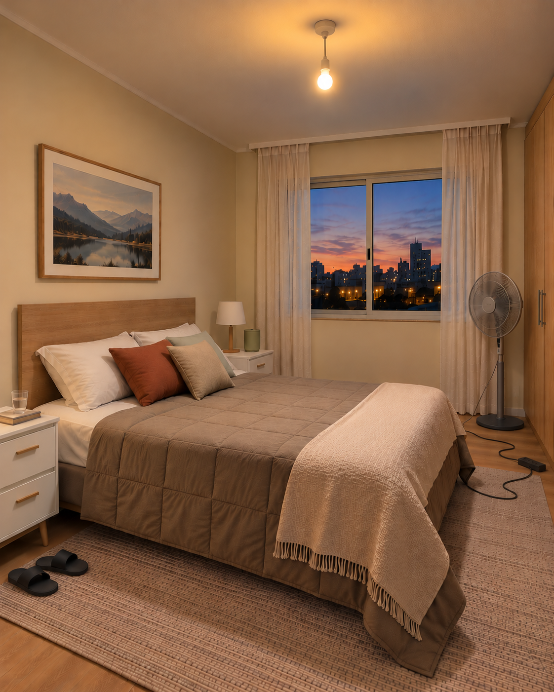 Dormitorio con l&aacute;mpara com&uacute;n y ventilador de pie con cables