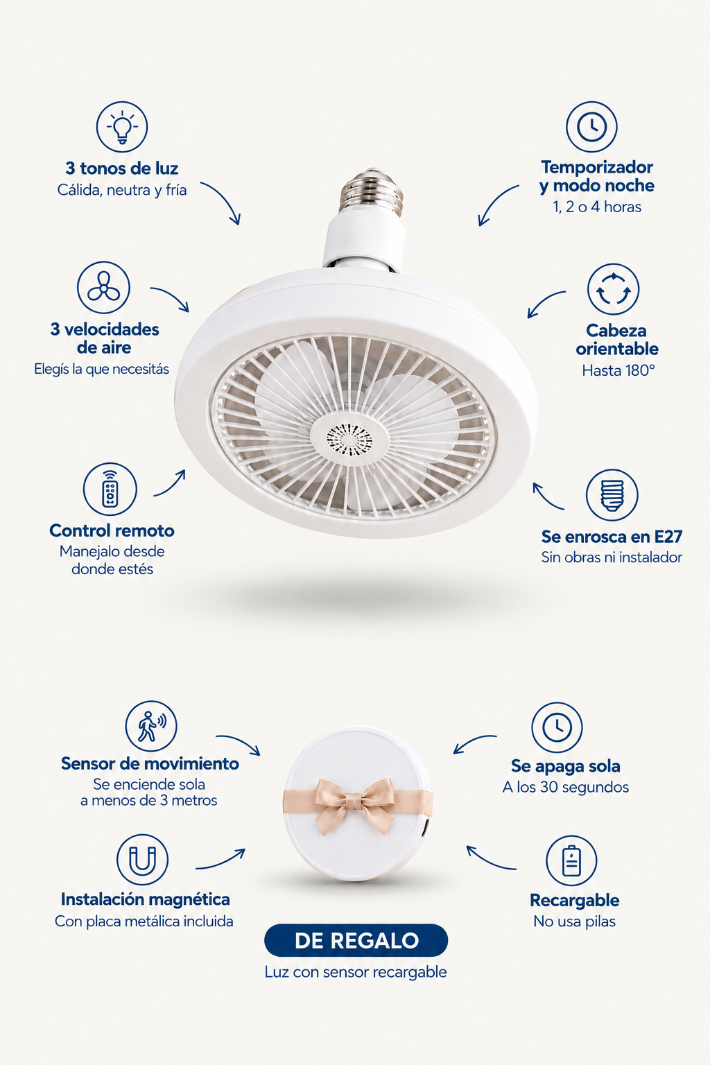 Caracter&iacute;sticas del foco ventilador: 3 tonos de luz, 3 velocidades, control remoto, temporizador, cabeza orientable y rosca E27, m&aacute;s la luz con sensor de regalo