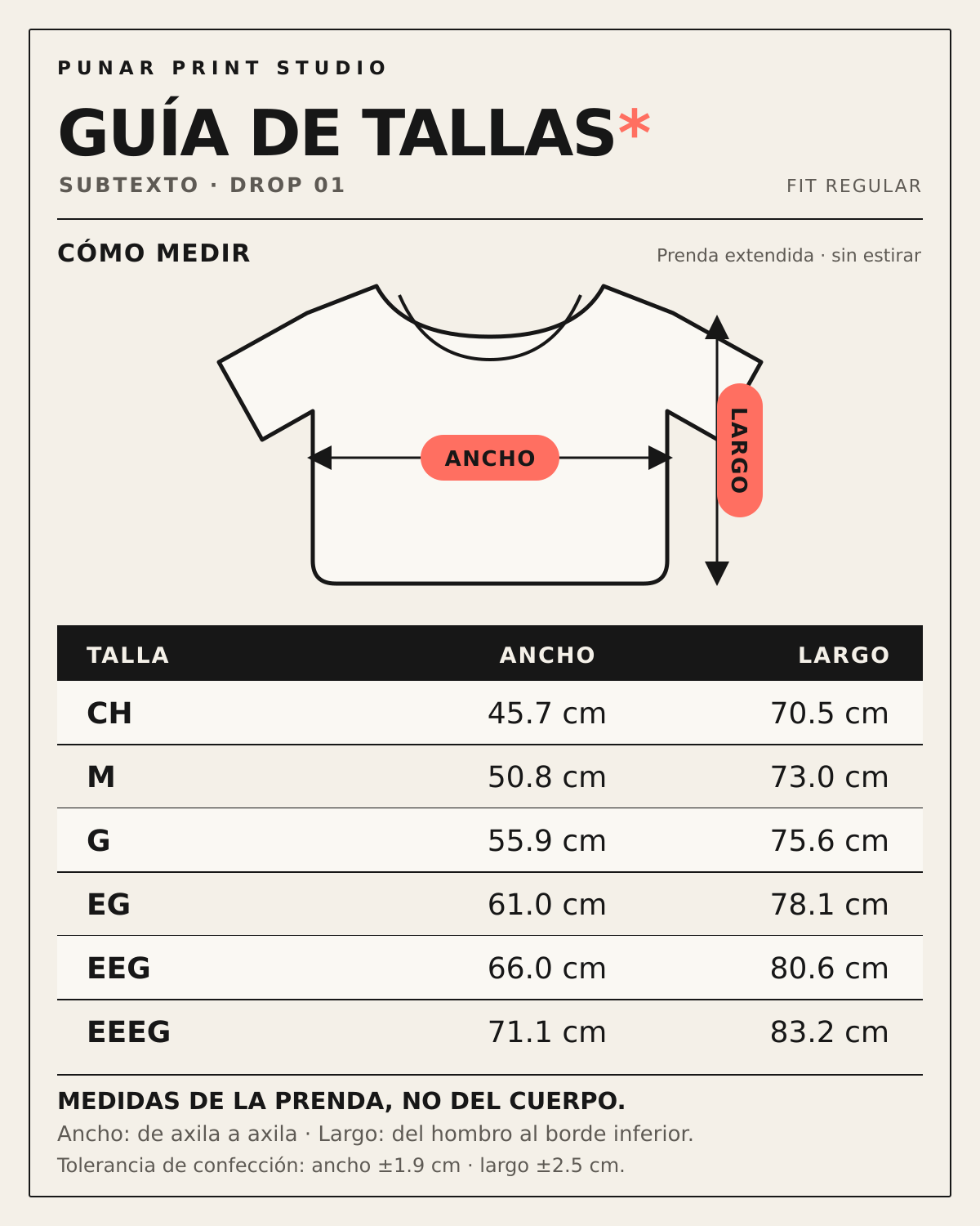 Guía de tallas PUNAR SUBTEXTO DROP 01. Medidas de ancho por largo en cm: CH 45.7 × 70.5; M 50.8 × 73; G 55.9 × 75.6; EG 61 × 78.1; EEG 66 × 80.6; EEEG 71.1 × 83.2. 6.