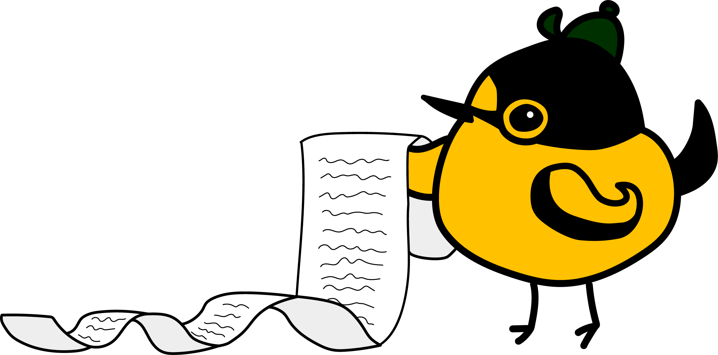 Desenho do pássaro teque-teque segurando uma longa folha de papel que alcança o chão
