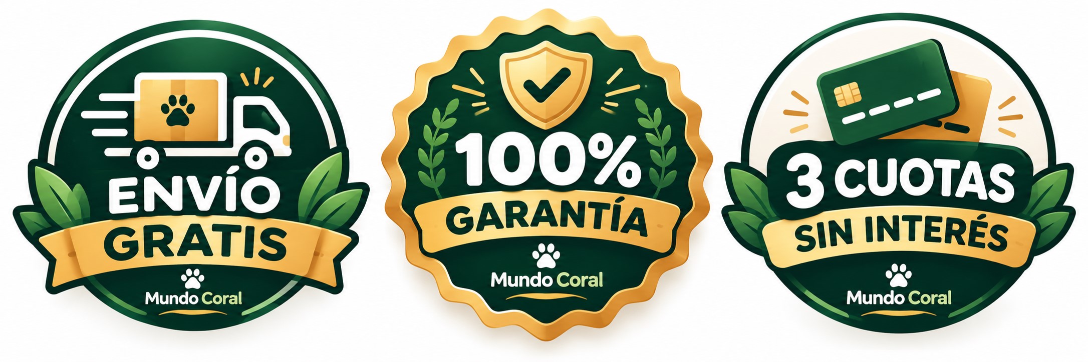 Insignias de beneficios de Mundo Coral; verificar condiciones en el checkout