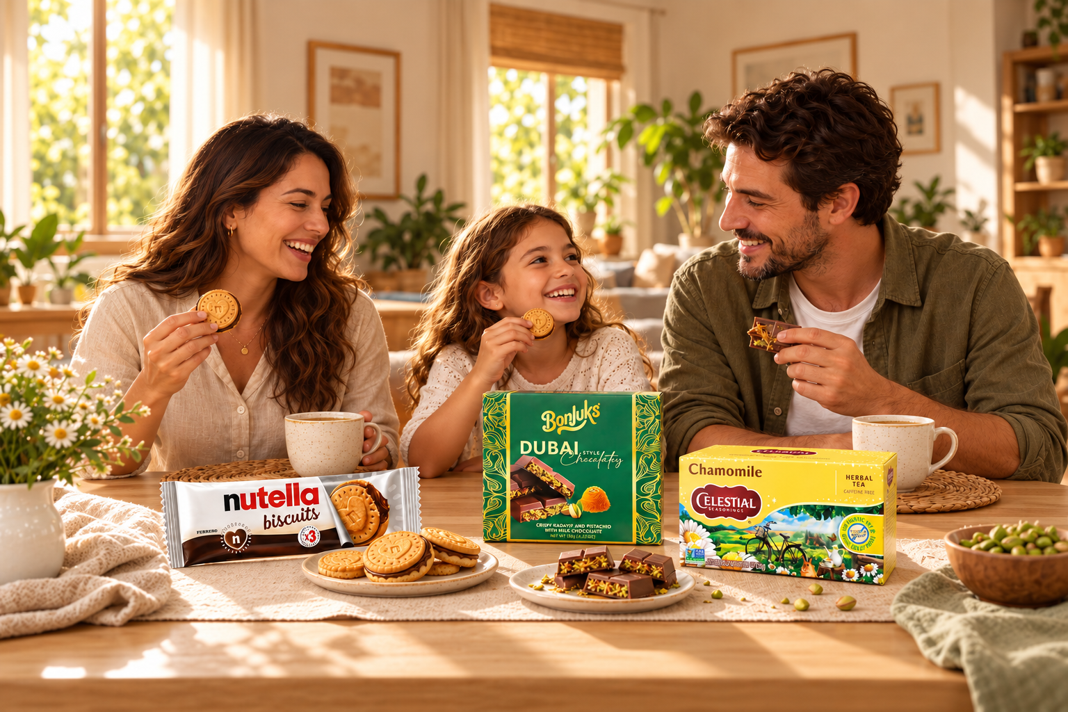 Cena ilustrativa de pessoas compartilhando biscoitos, chocolate e chá
