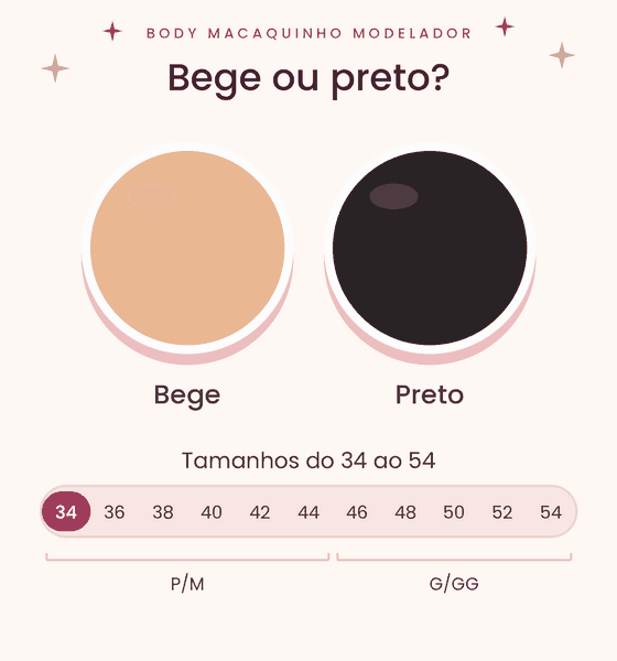 Body Macaquinho Modelador VELUZ nas cores bege e preto, tamanhos P/M e G/GG (do 34 ao 54)