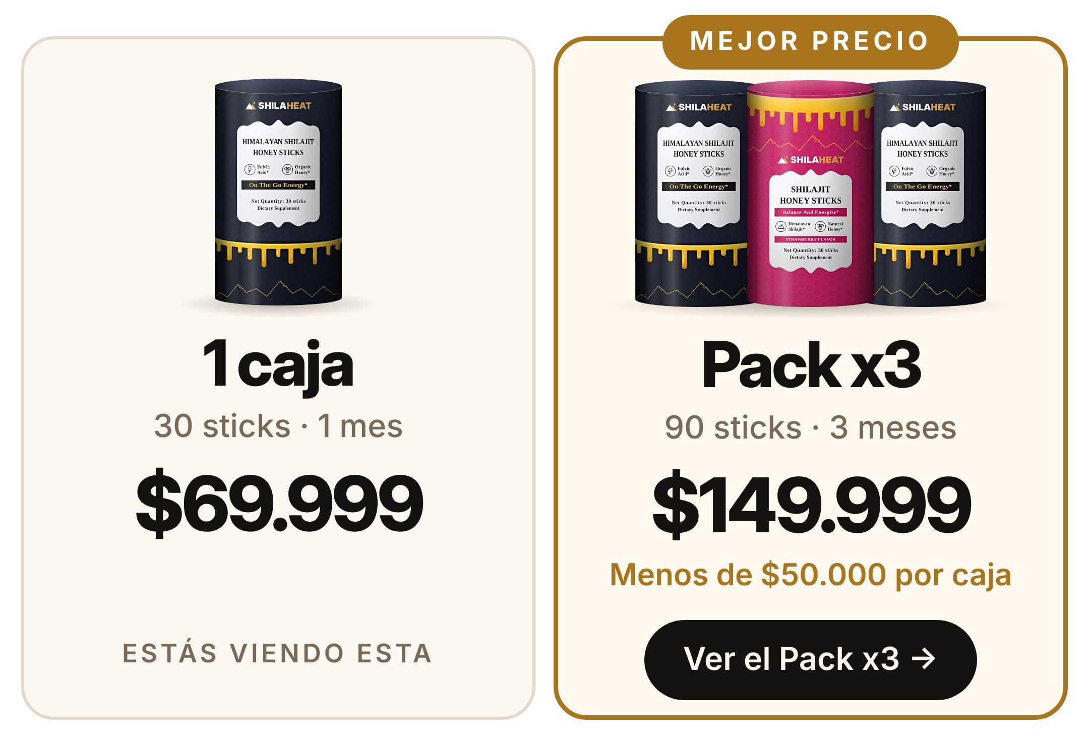 Eleg&iacute; tu pack: 1 caja a $69.999 o Pack x3 a $149.999