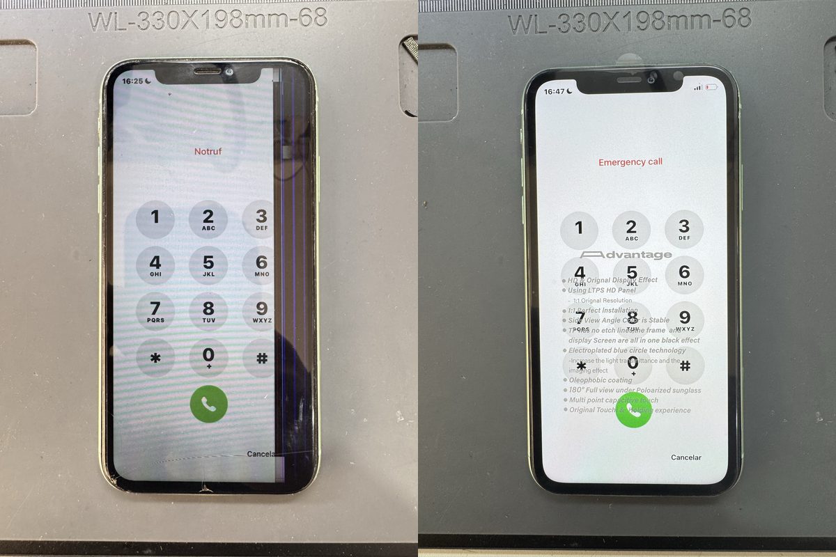 Antes e depois: iPhone com a tela trincada e o mesmo iPhone com a tela nova