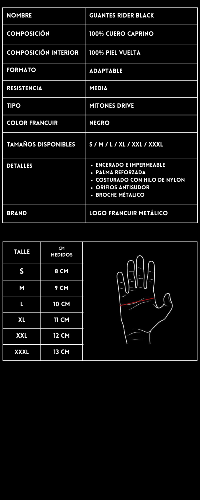Tabla de Medidas Mitones de Cuero - Guantes Rider - FRANCUIR