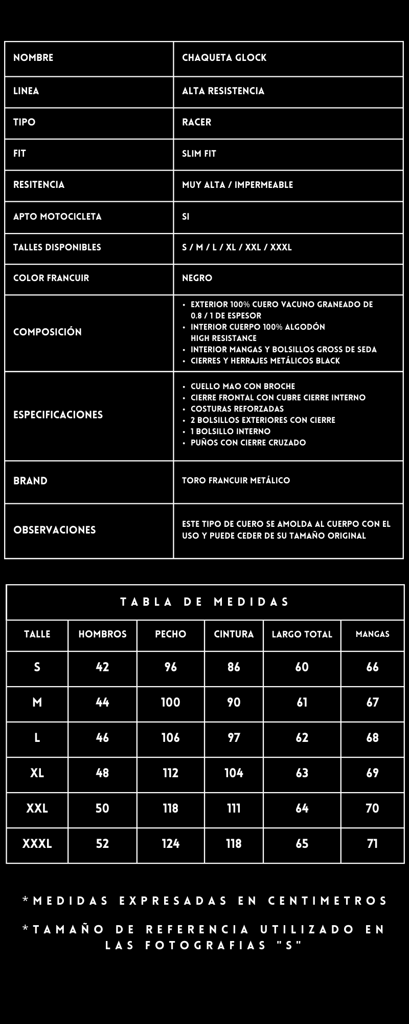 Tabla-medidas-chaqueta-Glock-FRANCUIR