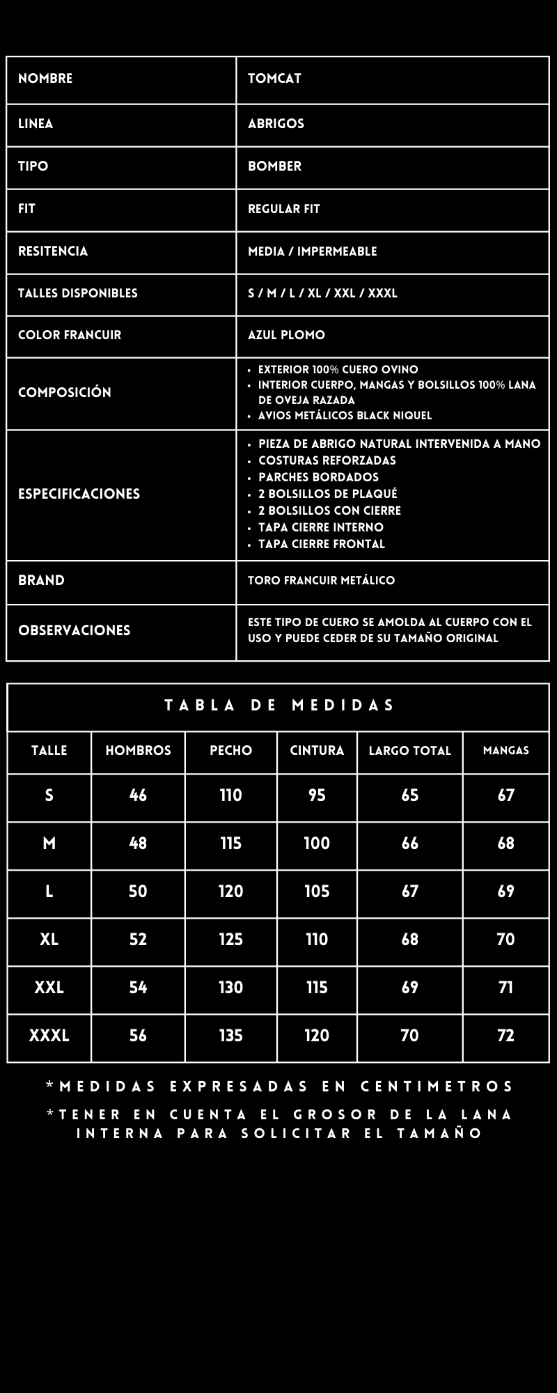 Tabla de medidas Aviadora Tomcat Blue