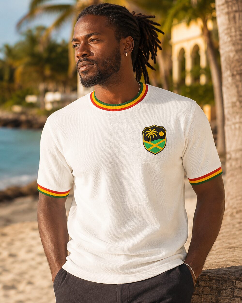Modelo usando a camisa branca da Jamaica Reggae Collection com bras&atilde;o bordado, &agrave; beira-mar