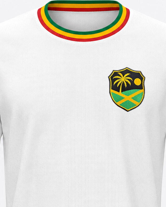 Detalhe da gola canelada com listras verde, amarelo e vermelho
