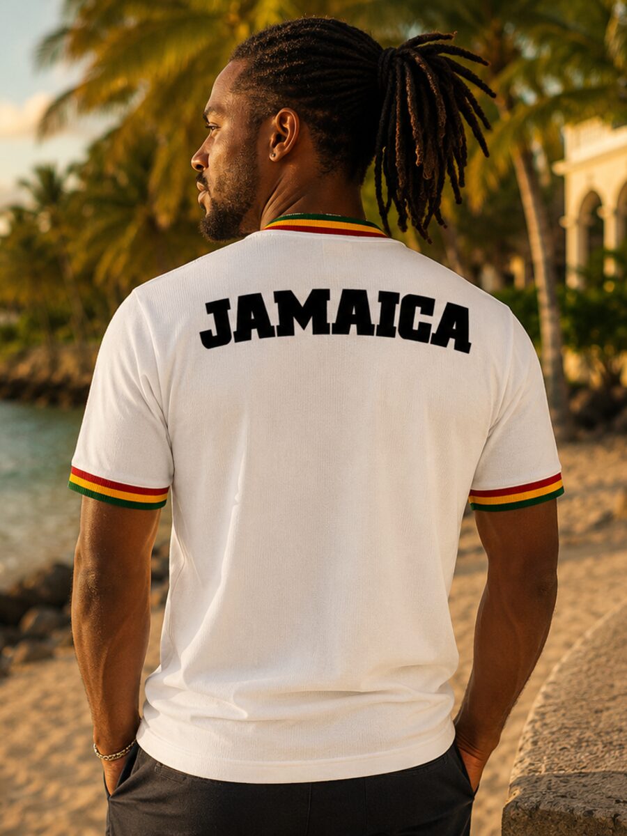 Costas da camisa branca com o lettering JAMAICA em preto