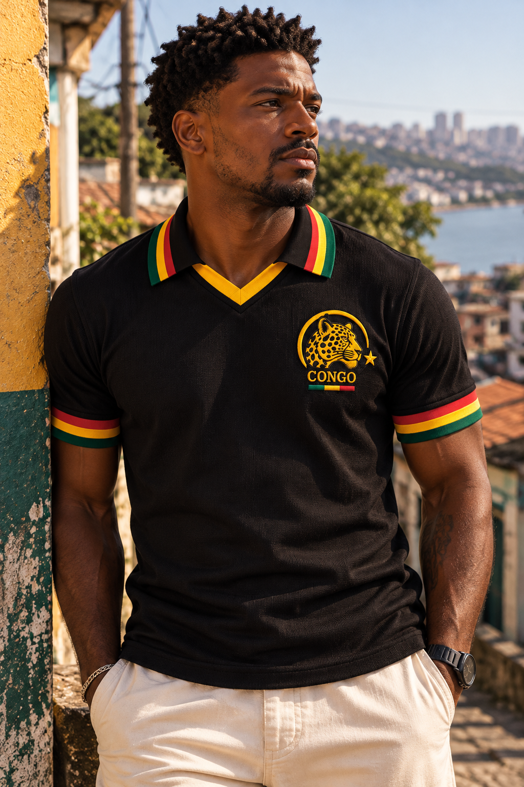 Modelo usando a camisa Congo Heritage The Leopard preta, com bordado amarelo e detalhes verdes, amarelos e vermelhos na gola e nos punhos