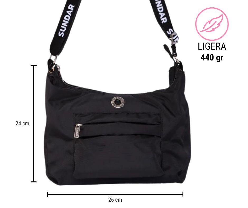 BOLSA SUNDAR MARTINA NEGRA TELA LISA LIGERA MEDIDAS ASA LETRAS BLANCAS