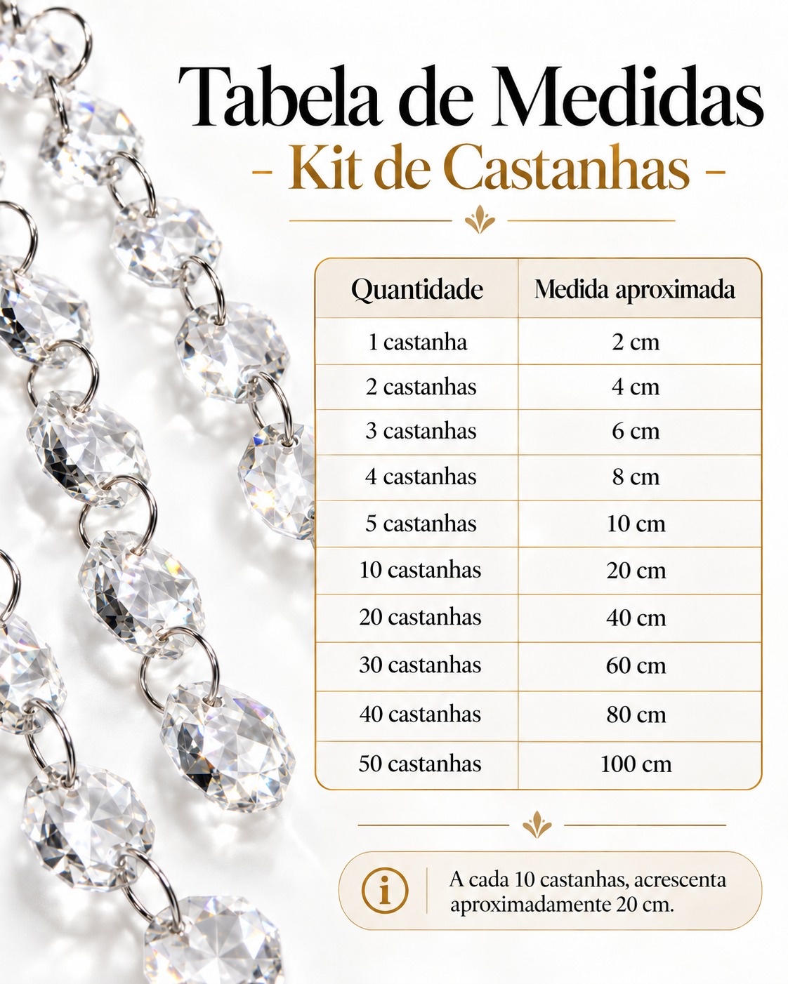 Tabela de medidas para kit de castanhas de cristal para lustres, com opções de 1 a 50 castanhas. Cada 10 castanhas correspondem a aproximadamente 20 cm, seguindo a proporção até 50 castanhas com cerca de 100 cm.