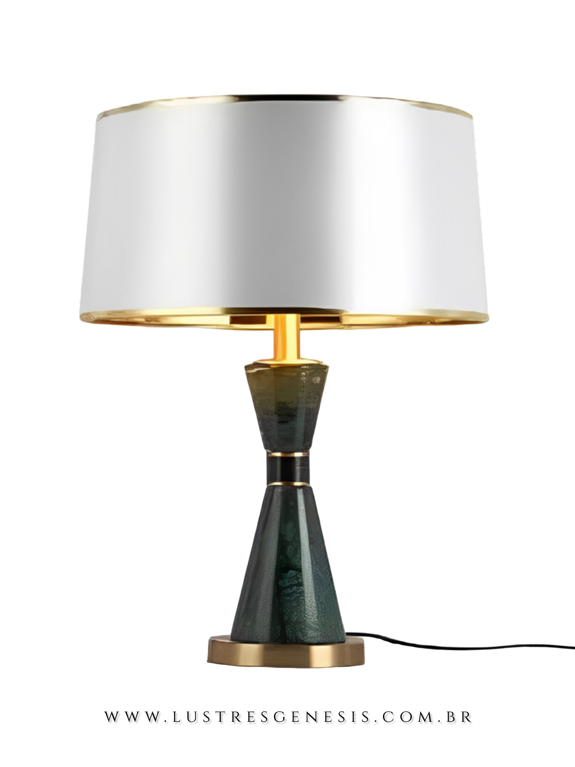 Abajur Xenon de mesa com base em tom verde escuro e detalhes dourados, cúpula branca com bordas douradas, ideal para quartos ou escritórios.
