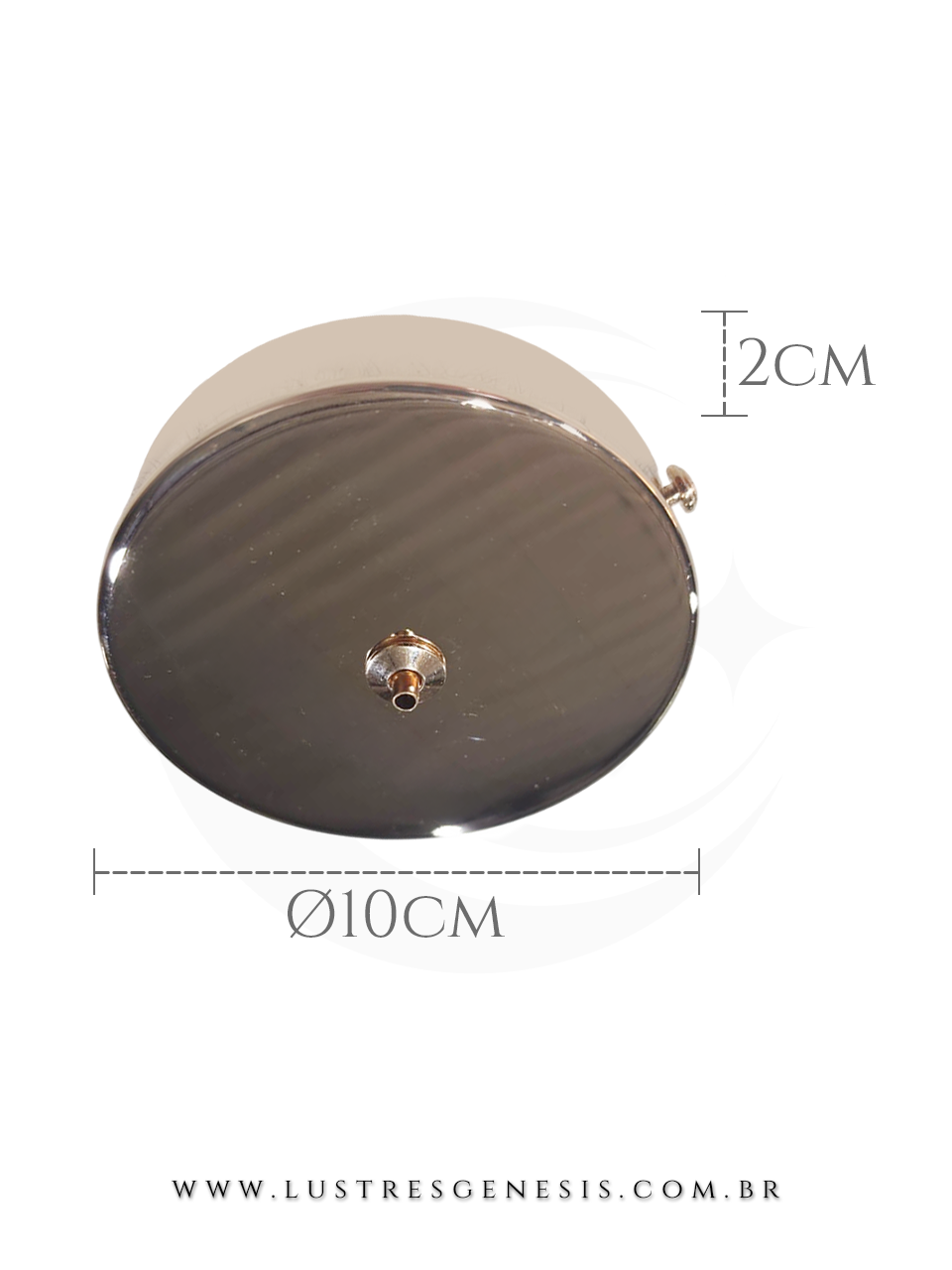 Canopla de teto dourada brilhante de 10 cm de di&acirc;metro para lustres e lumin&aacute;rias, vista frontal com medidas destacadas.