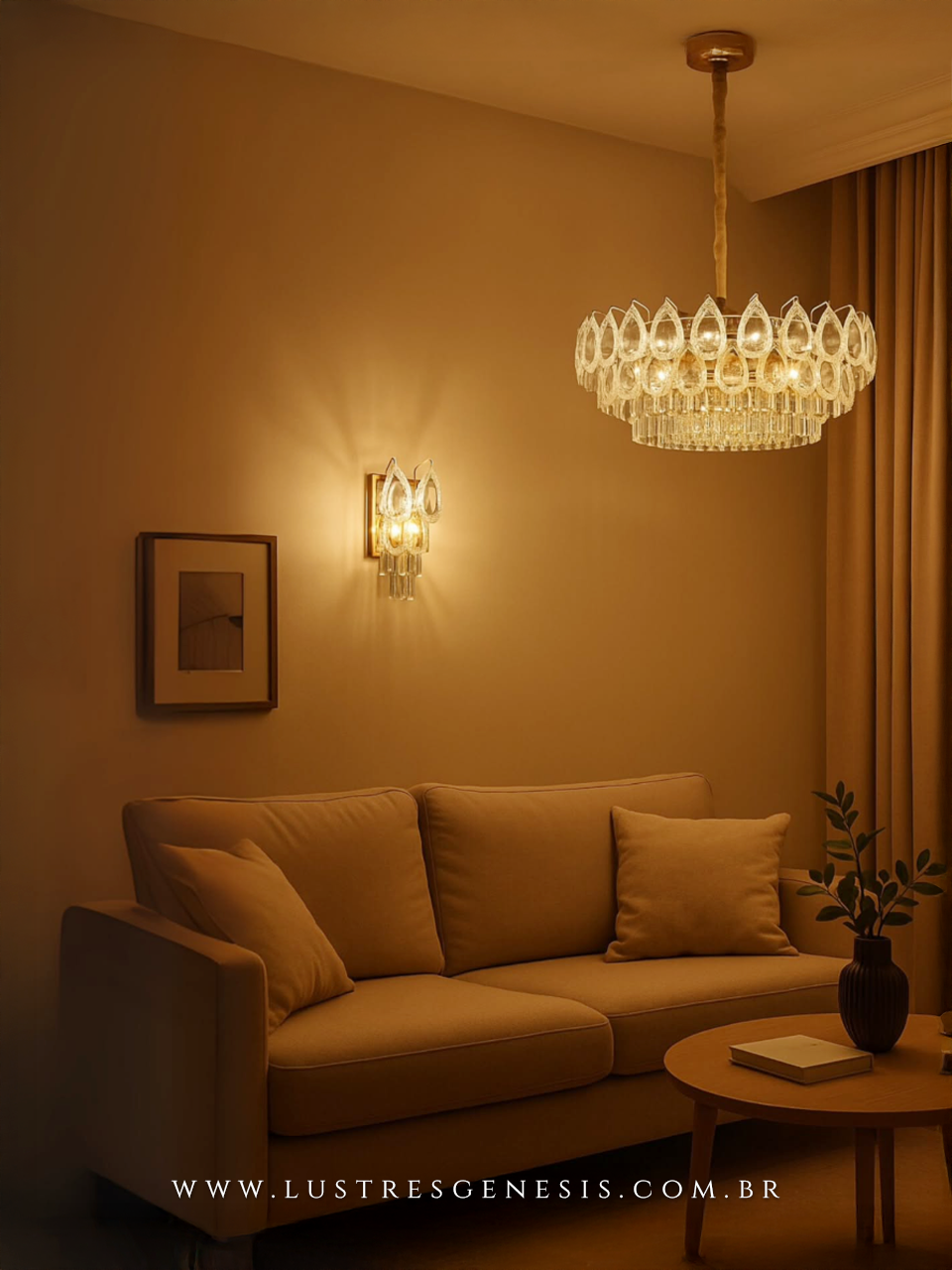 Lumin&aacute;ria de parede interna Am&eacute;lie dourada com cristais, ideal para cabeceira de cama, corredor, quartos e lavabos, estilo contempor&acirc;neo.