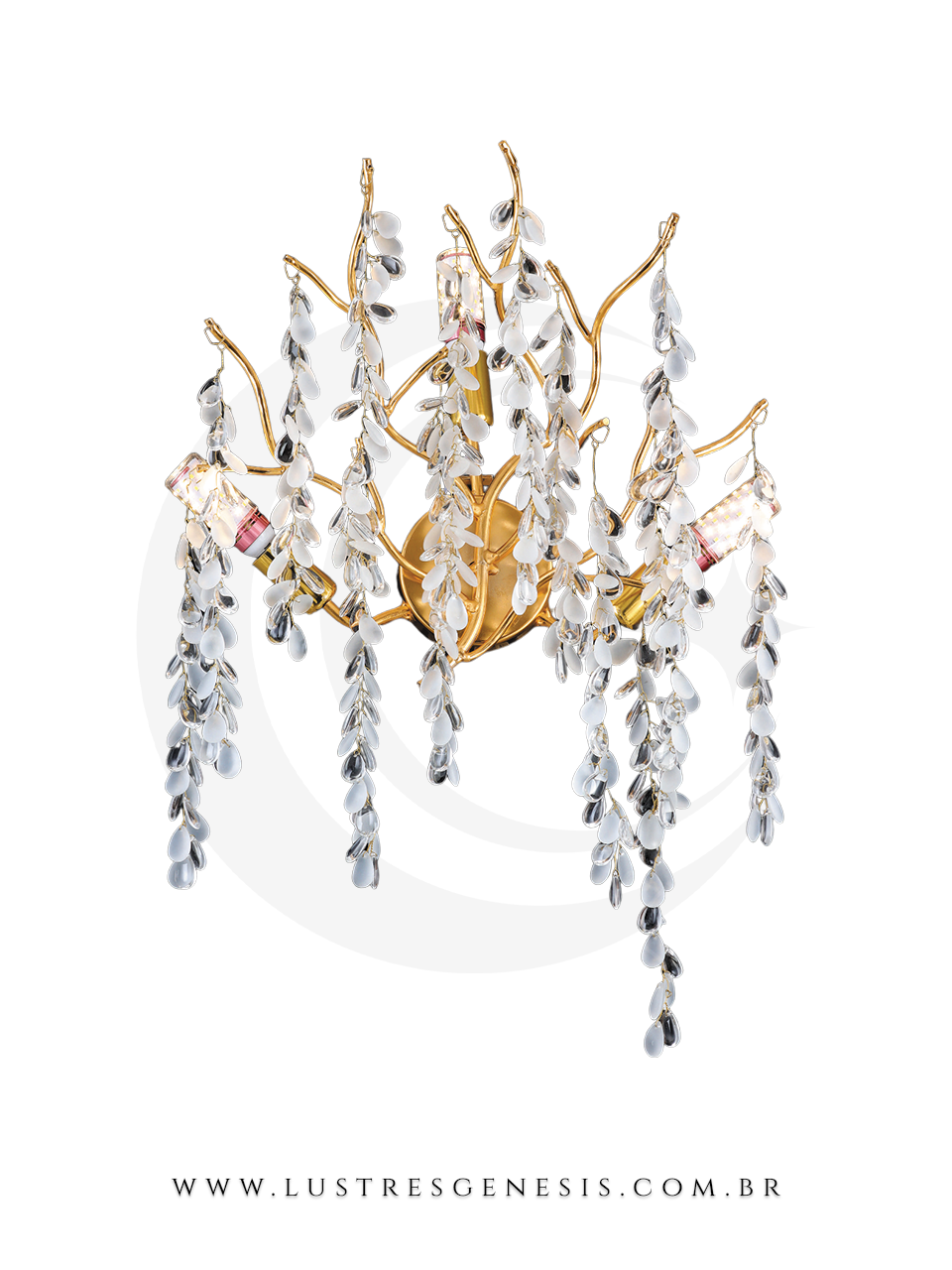 Arandela Parede de Cristal Galho Dourado 50x30cm Para Sua Parede