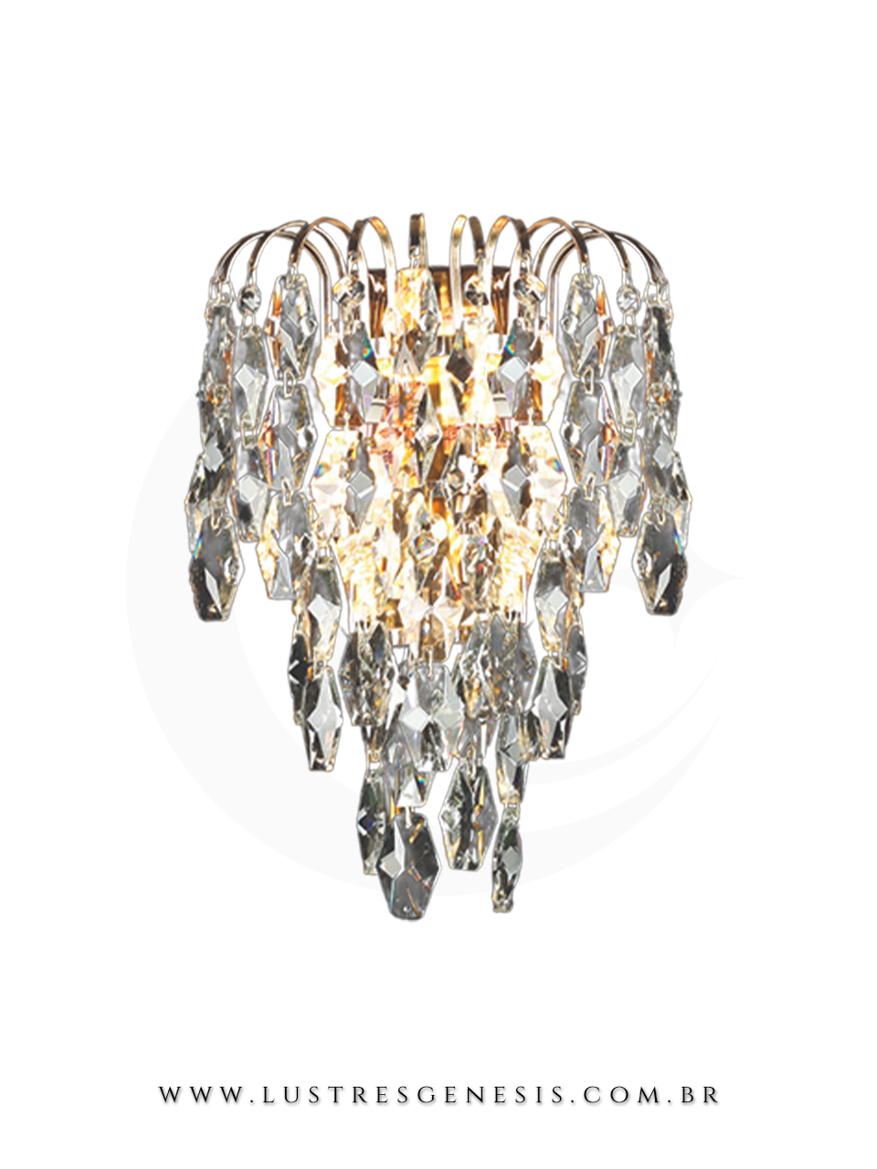 Lumin&aacute;ria de parede interna Am&eacute;lie dourada com cristais, ideal para cabeceira de cama, corredor, quartos e lavabos, estilo contempor&acirc;neo.