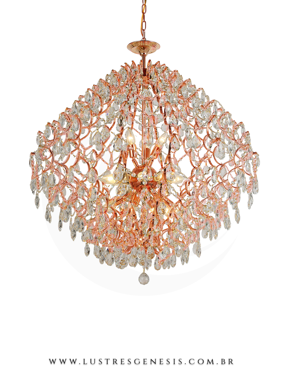 Lustre Rose Brilhante de Cristal Linseed de 80cm para casas com pé direito duplo ou alto, ideal para hall de entrada ou escada, da marca Sindora.