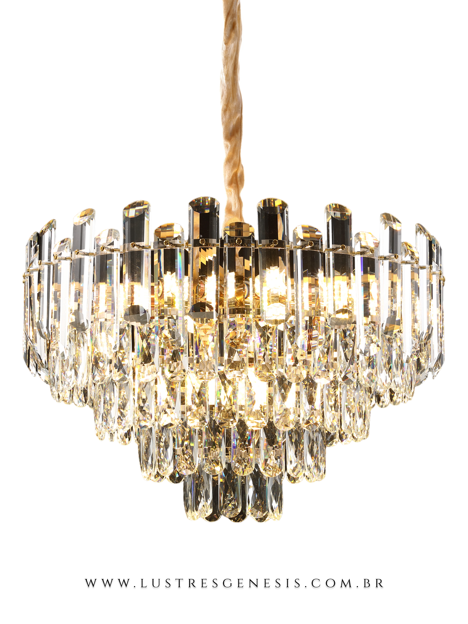 Luminária Pendente Redondo de Cristal Zaria Ø55cm Detalhes em Dourado