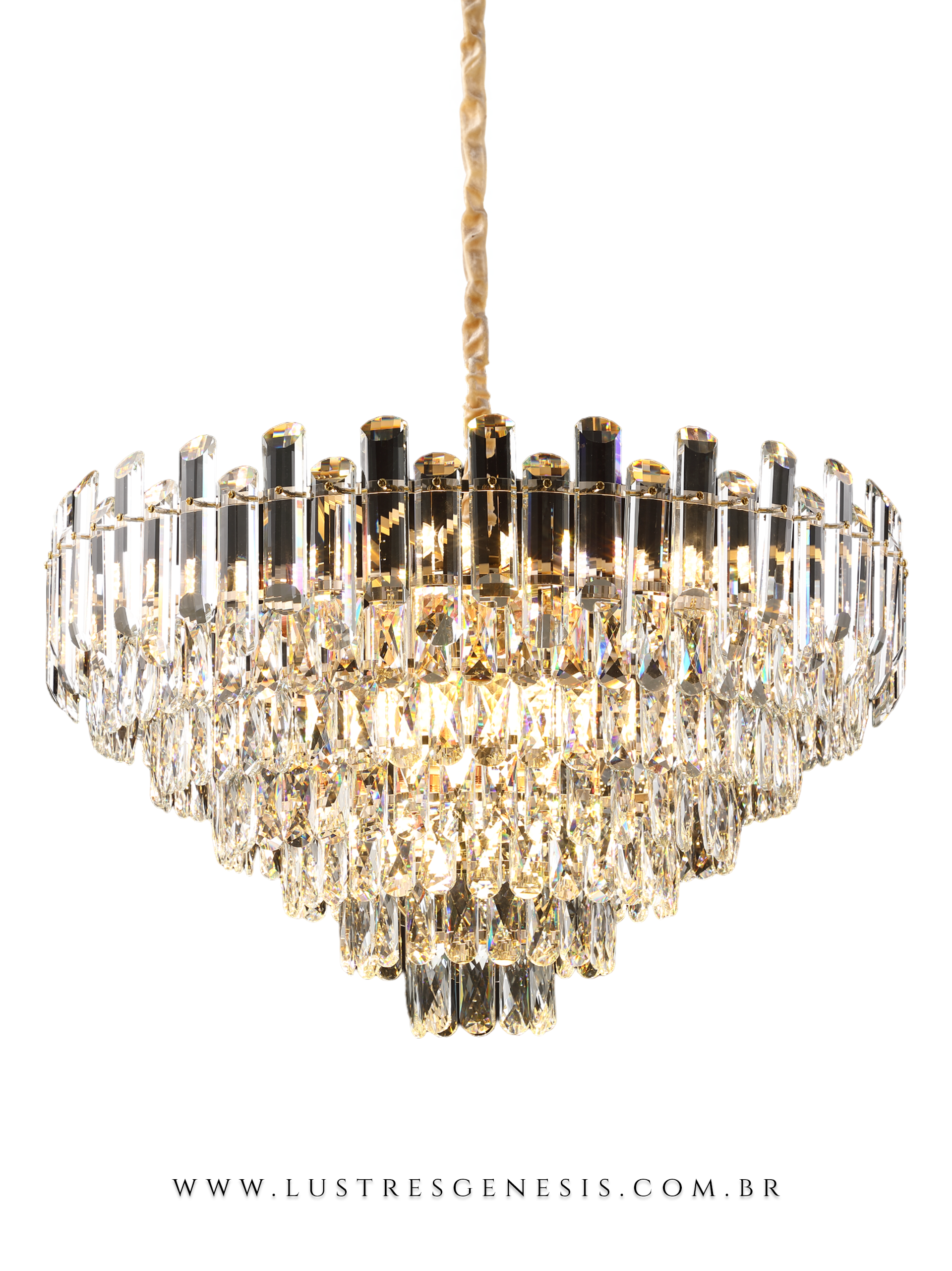 Luminária Pendente Redondo de Cristal Zaria Ø75cm Detalhes em Dourado