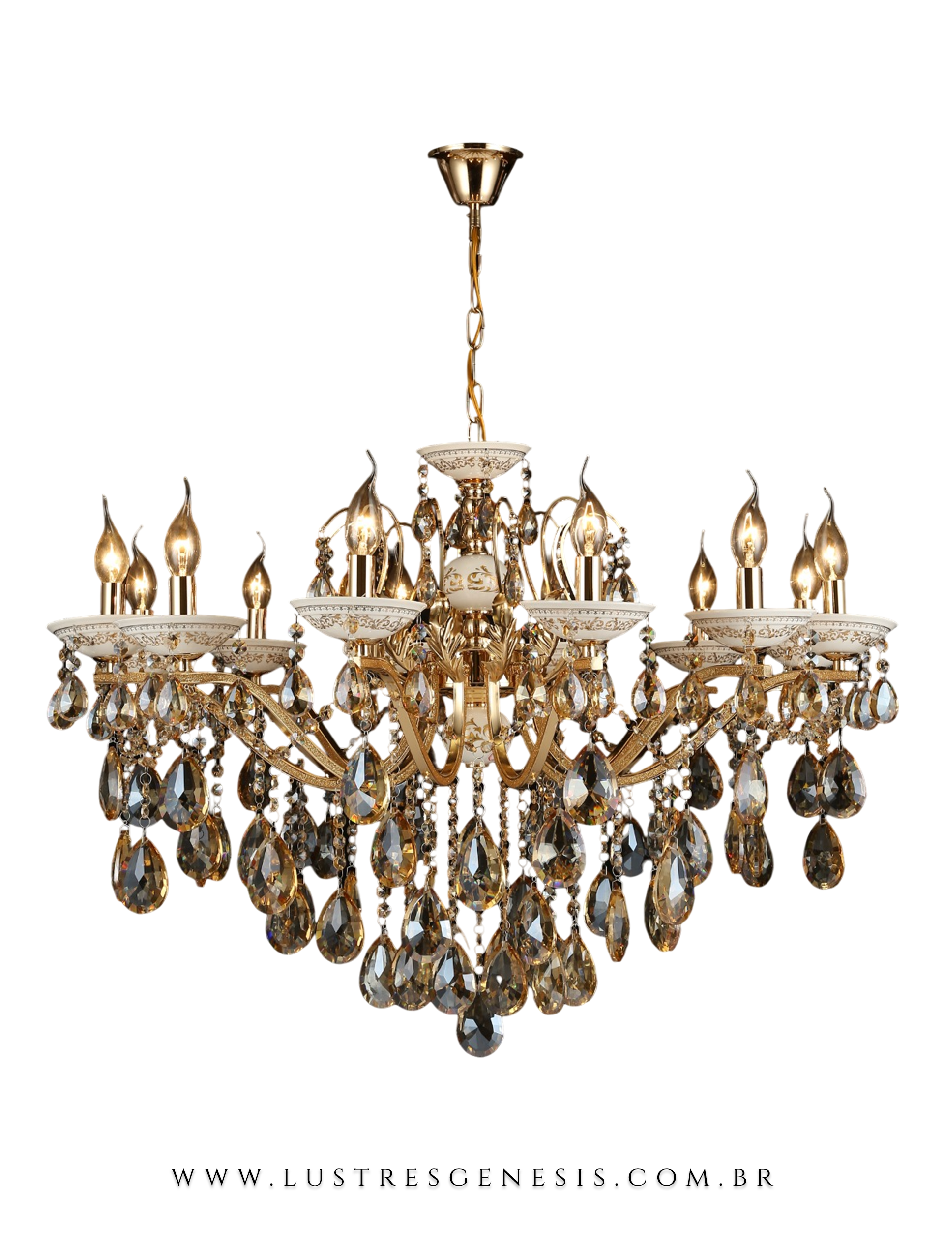 Lustre de Cristal Olímpia Clássico Dourado com 12 braços Lustres Gênesis loja online de Lustres e Iluminação Decorativa
