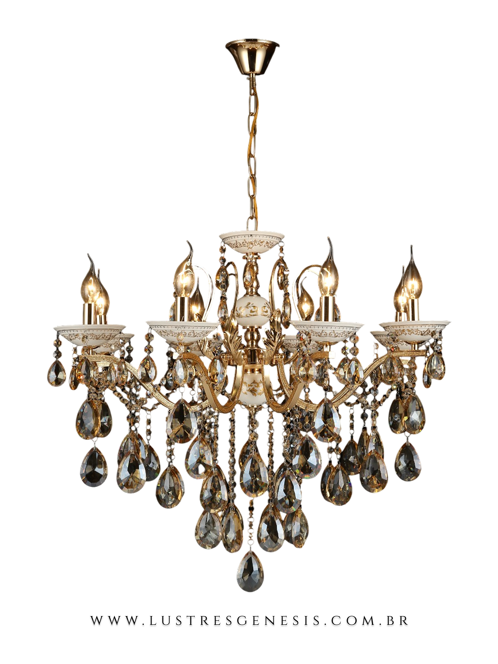 Lustre de Cristal Olímpia Clássico Dourado com 8 braços, ideal para casas com pé direito duplo. Lustres Gênesis loja online de Lustres e Iluminação Decorativa