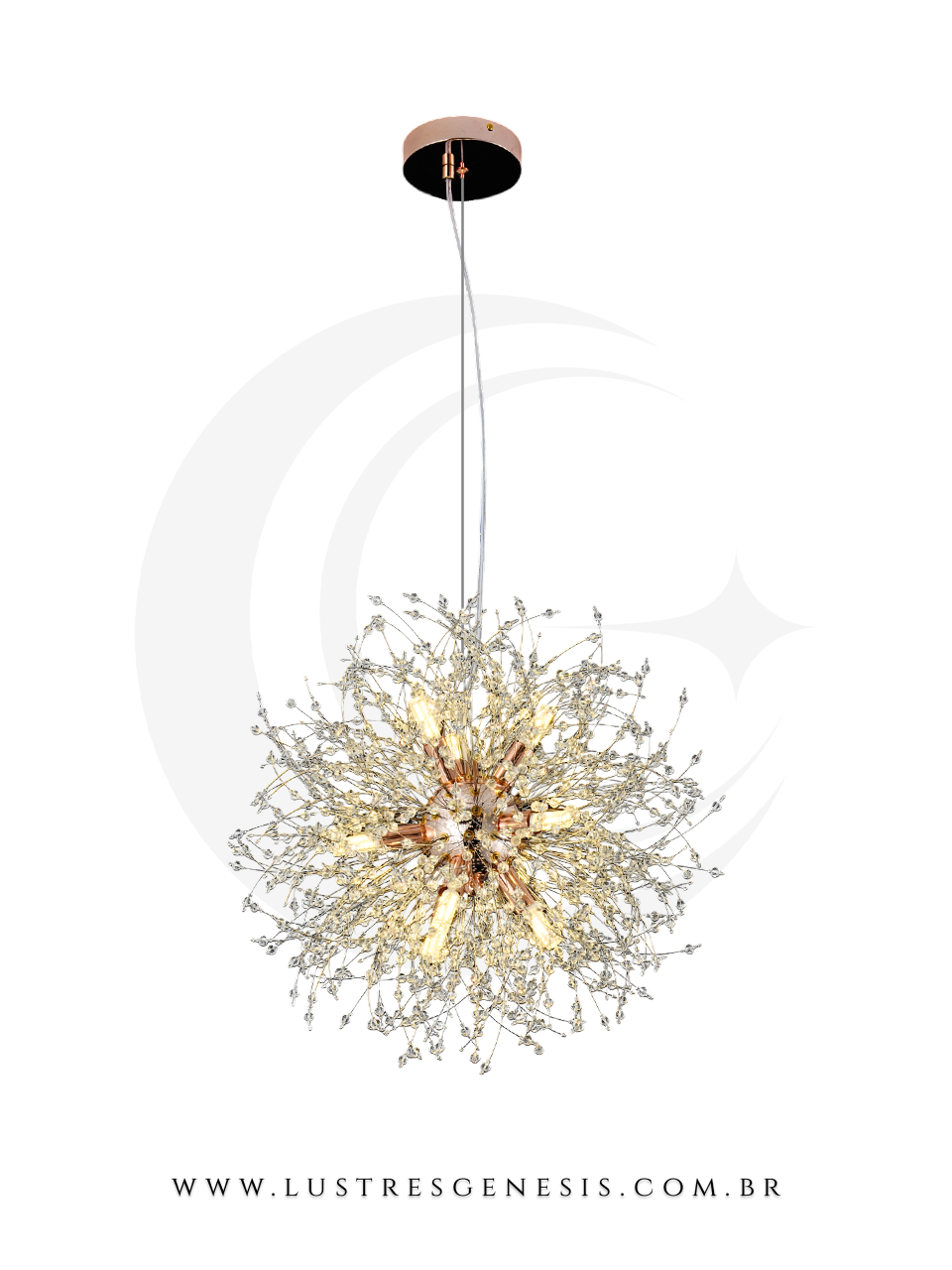 Lustre pendente de cristal moderno Sunshine dourado com diâmetro de 60cm, design sofisticado e acabamento luxuoso, ideal para quartos, salas de estar, cabeceira de cama e lavabos.