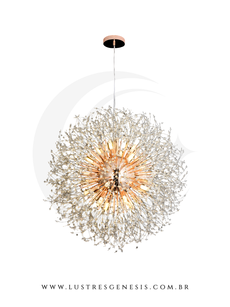 Lustre pendente de cristal moderno Sunshine Ø50cm na cor rose gold, com design sofisticado e formato esférico, ideal para quartos, cabeceira de cama, sala de estar e lavabo.