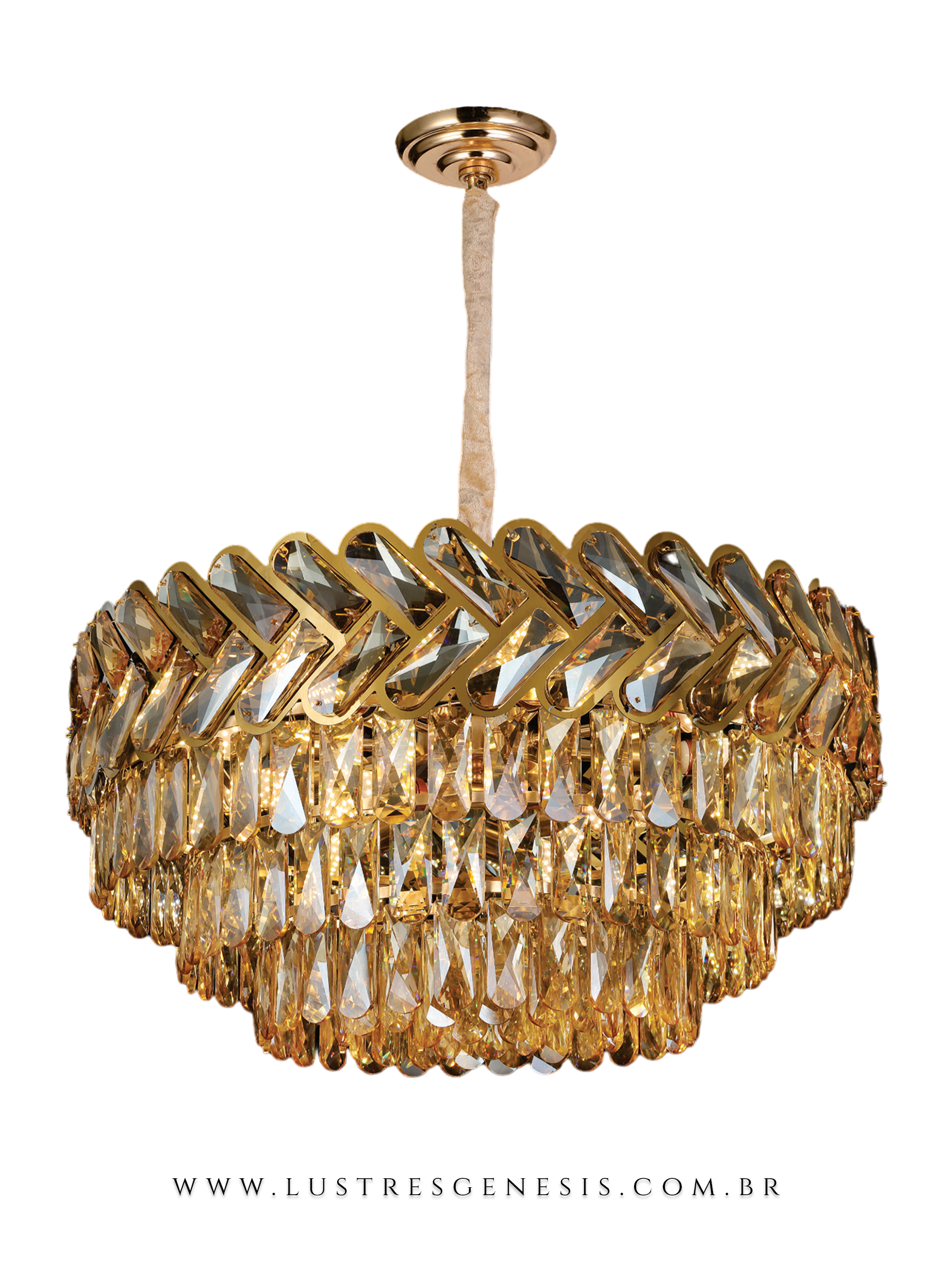 Pendente Redondo de Cristal Âmbar Arrow Ø60cm Inox Dourado