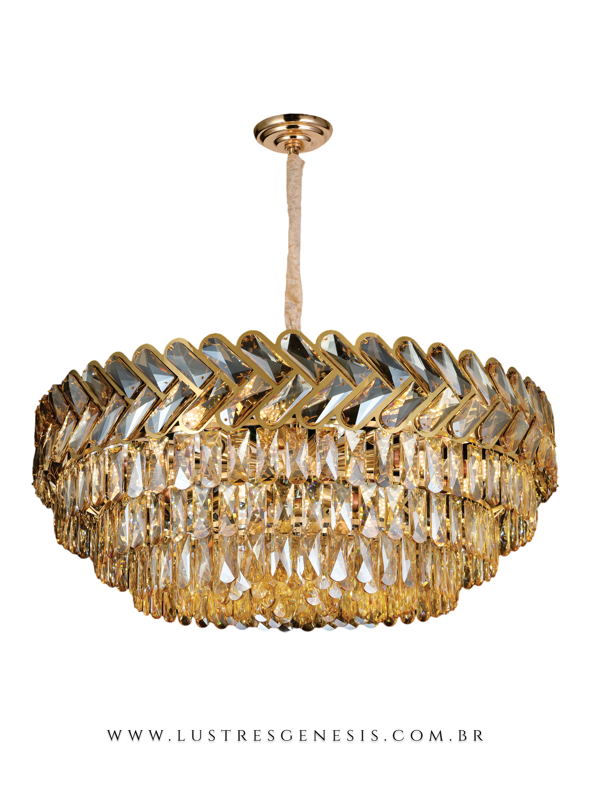 Pendente Redondo de Cristal Âmbar Arrow Ø80cm Inox Dourado