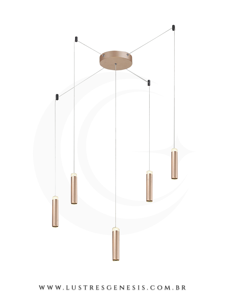 Lustre pendente moderno Hull dourado fosco com cinco lâmpadas cilíndricas, ideal para casas com pé direito duplo ou alto.