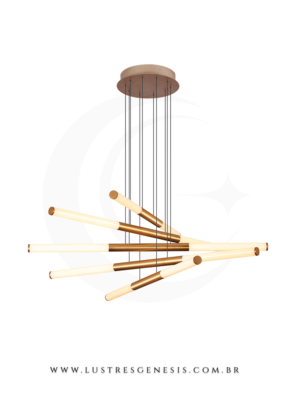 Lustre moderno de LED dourado modelo Puppet da Sindora, ideal para casas com pé direito duplo ou alto.