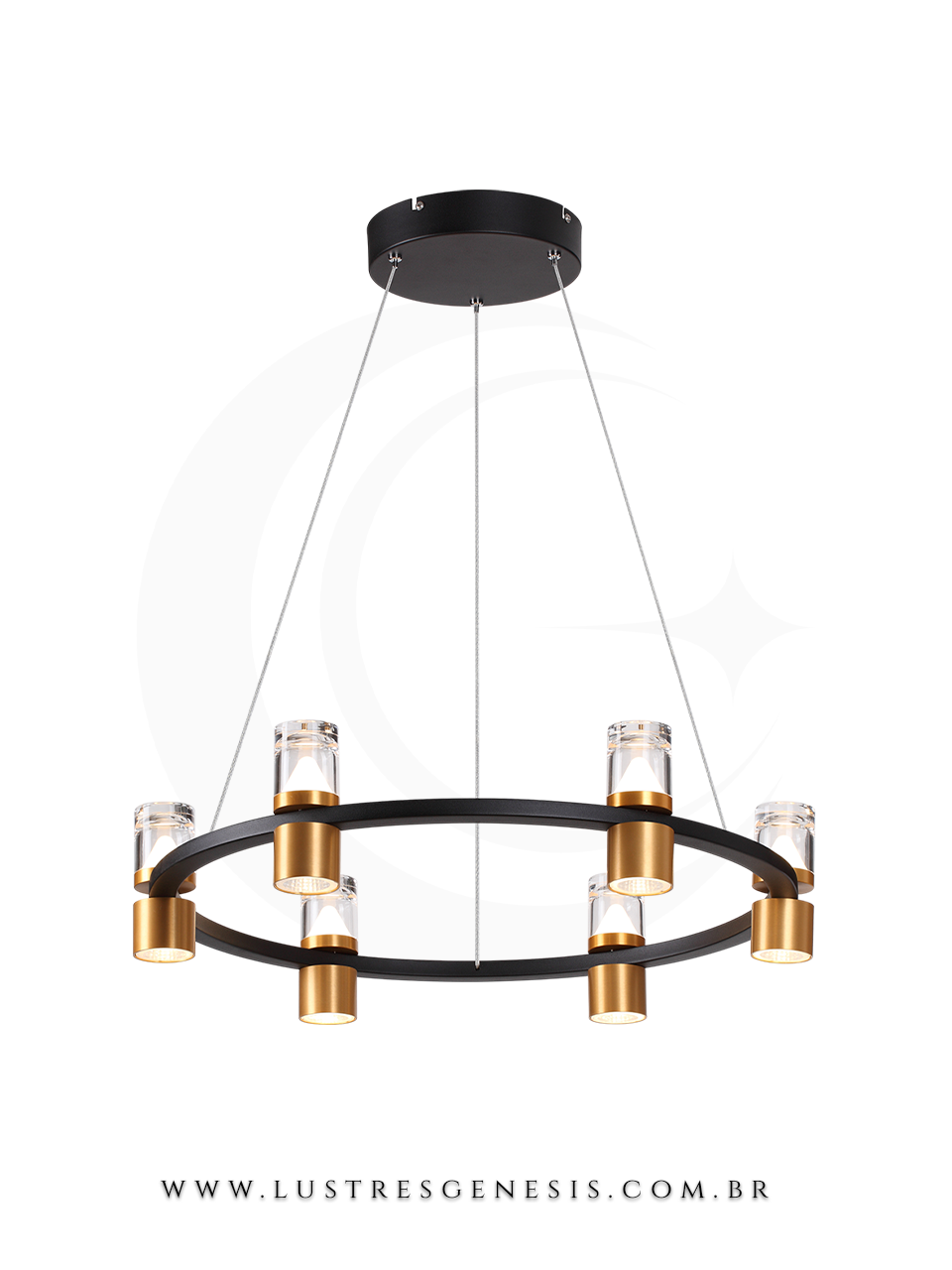 Lustre pendente moderno de LED Pusky preto e dourado em formato circular, ideal para sala de jantar ou sala de estar.