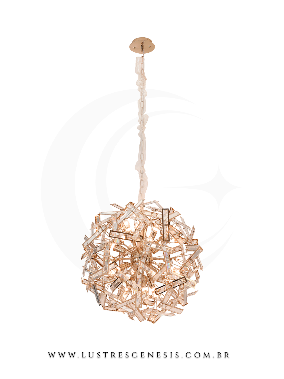 Pendente de cristal Rose Gold Canla redondo de 65cm, ideal para sala de jantar, quartos e sala de estar, da marca Sindora Iluminação.