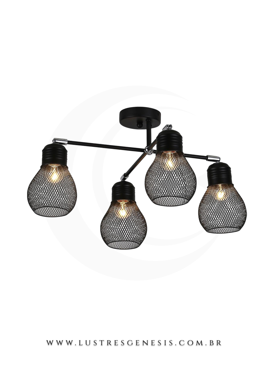 Luminária pendente de metal preto modelo Grid Ø52cm com quatro lâmpadas, ideal para sala de jantar e sala de estar.