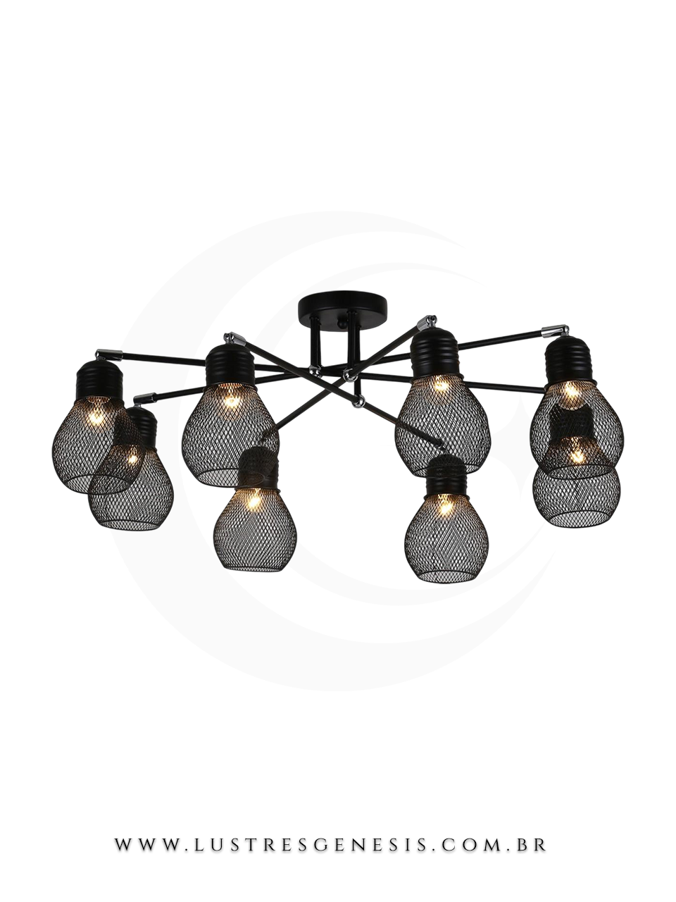 Luminária pendente de metal preto Grid, modelo redondo com oito lâmpadas, ideal para sala de jantar e estar