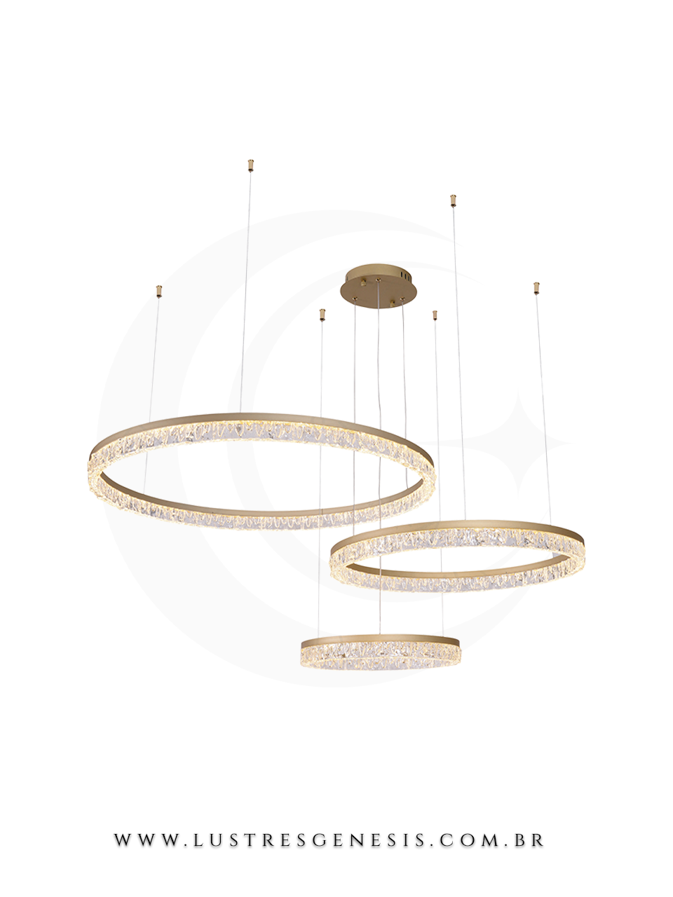 Lustre Aliança Bows com 3 anéis de acrílico dourado, pendente e moderno, ideal para sala de jantar, sala de estar ou quartos.