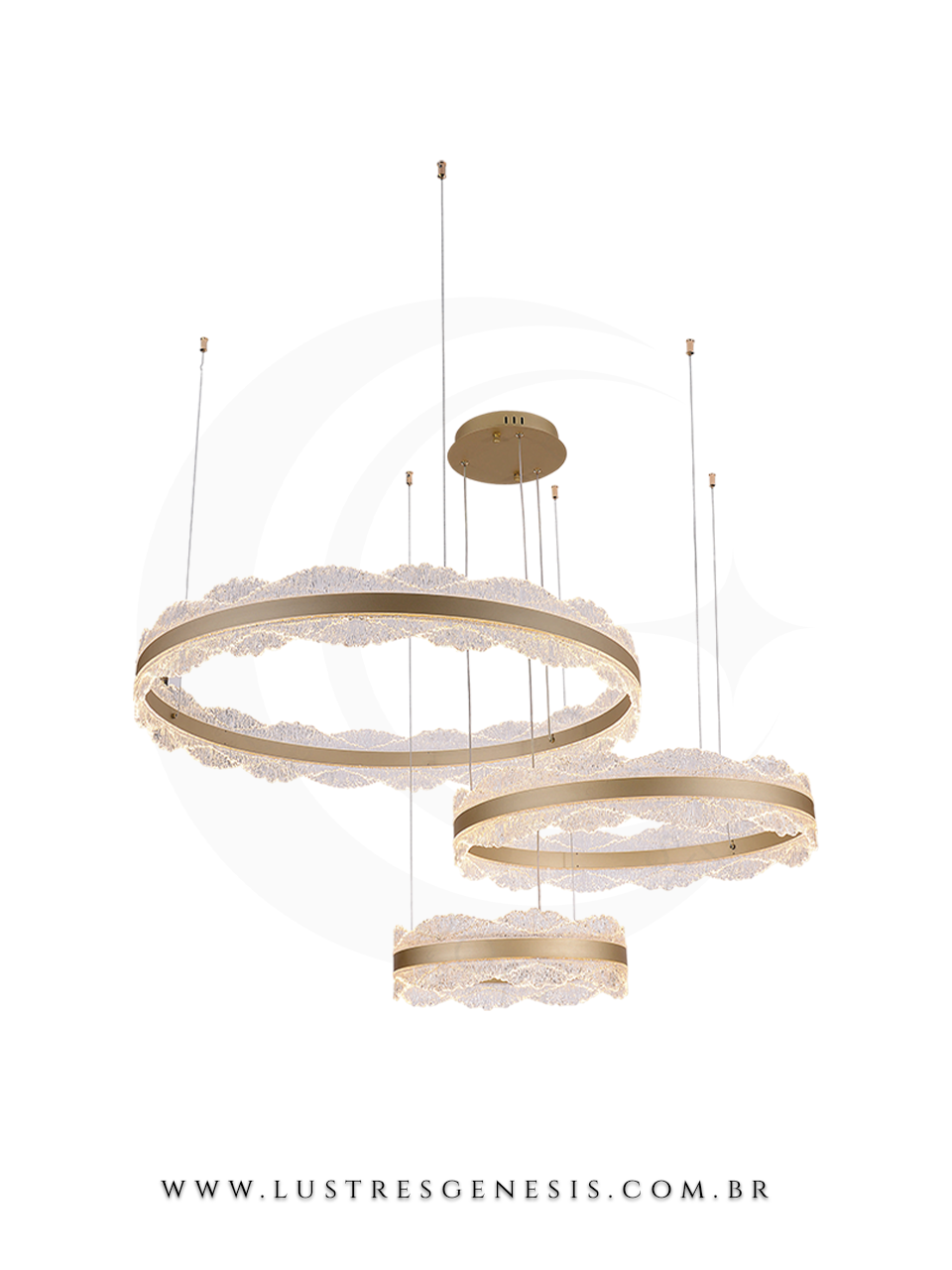 Lustre Aliança Flowery com 3 anéis de acrílico brilhante, pendente moderno ideal para sala de jantar, sala de estar ou quartos.