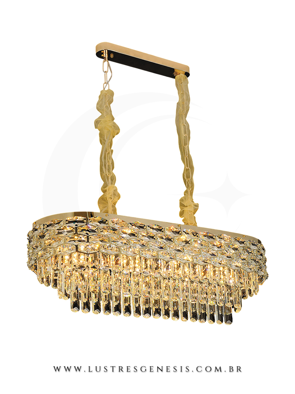 Lustre de cristal contempor&acirc;neo Dagny dourado, retangular, com cristais lapidados, ideal para sala de jantar ou estar.