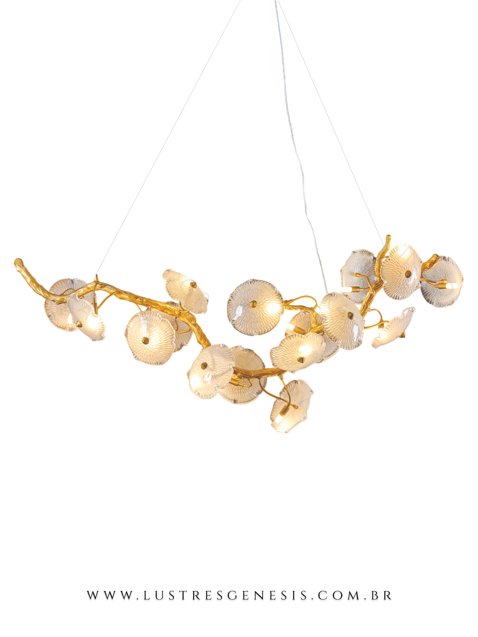 Lustre pendente moderno Agaricus ouro velho, com design sofisticado e detalhes em vidro e metal dourado, ideal para sala de jantar, quartos e sala de estar.